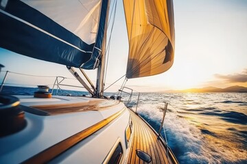 Fototapeta premium Sailing into the Sunset Aboard a Luxurious Yacht on the Open Sea Adventure and Freedom Await