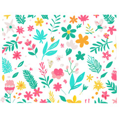 "Create a colorful floral pattern featuring a variety of flowers and leaves in shades of pink, yellow, blue, orange, and green. The design should have a whimsical, hand-drawn style with a textured, cr