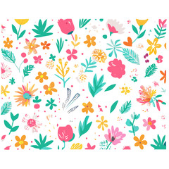 "Create a colorful floral pattern featuring a variety of flowers and leaves in shades of pink, yellow, blue, orange, and green. The design should have a whimsical, hand-drawn style with a textured, cr