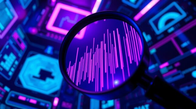 Magnifying Digital Data: The vibrant hues of neon-lit display in a futuristic data center are amplified through a magnifying glass, revealing intricate digital information with precision.