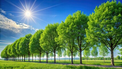 Soft focus on a row of trees against a bright blue sky with sun shining through the leaves , leafy greens, sunlight filtering