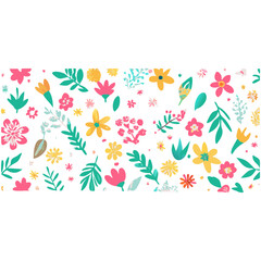 "Create a colorful floral pattern featuring a variety of flowers and leaves in shades of pink, yellow, blue, orange, and green. The design should have a whimsical, hand-drawn style with a textured, cr