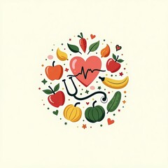 an image of a heart surrounded by fruits and vegetables, there is a heart with a stethoscope surrounded by fruits and vegetables