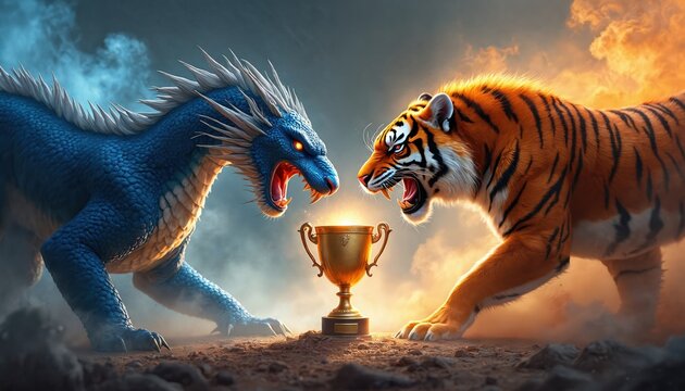 Dragon facing tiger near trophy in battle. Creatures stand ready to compete. Fantasy art, epic fight scene. Golden cup victory, competition, success. Energy, fire, flames enhance thrilling spectacle.