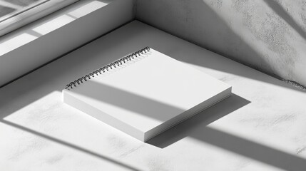 Blank spiral notebook on windowsill, sunlight. Mockup for design