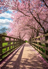 Fototapeta premium Enchanting pedestrian bridge framed by blossoming cherry trees forming a delicate canopy of pink petals, creating a picturesque springtime vista and charming pathway