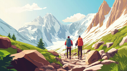 Obraz premium copy space, vector illustration, people hiking on a rocky trail in the mountains, summer time. Wonderful view on surrounding glacier. Healthy lifestyle, group hikers in the Alps, exploring wilderness.
