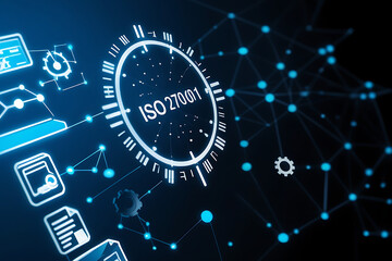 Obraz premium ISO 27001, ISO certification, ISO 27001 certified business, Information security management system. International Organization for Standardization. businessman doing ISO verification on a laptop 