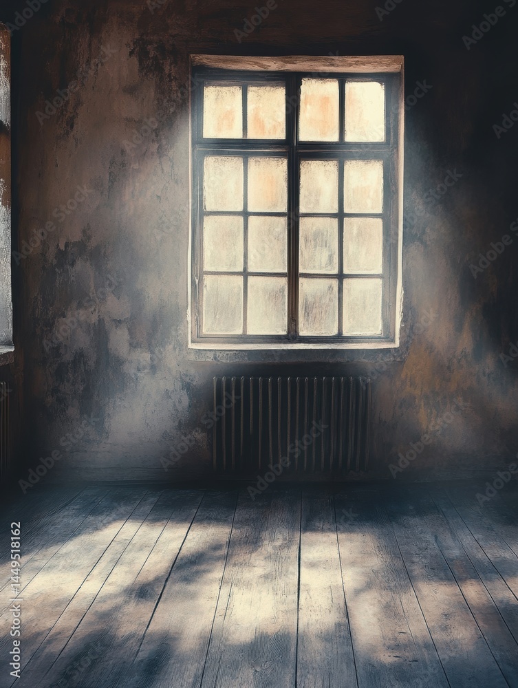 Poster interior of an old room with a window and a radiator and light shining through