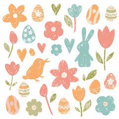 "Design a playful, pastel-colored illustration capturing a springtime theme. Include elements like bunnies, birds, flowers, and decorated Easter eggs in soft shades of pink, orange, blue, and green. T