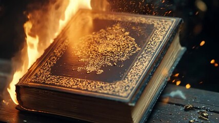 This intense video footage showcases the dramatic burning of a book. It symbolizes destruction and transformation in literature. Perfect for artistic and conceptual projects. Generative AI