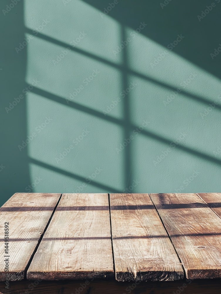 Poster Rustic wooden table against a teal wall with window shadows creating a serene and inviting atmosphere