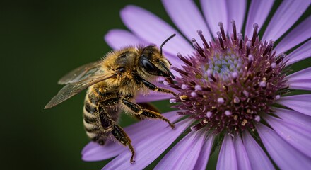 A macro shot of a honey bee perched on a purple flower with pollen, highlighting the crucial role of pollinators in ecosystem health and agriculture