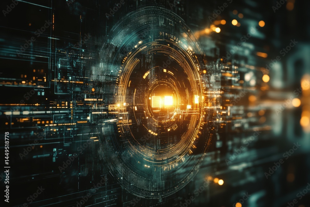 Fototapete Digital Circuitry Abstract Background with Glowing Core and Complex Data Visualization