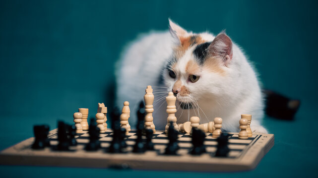 Calico cat curiously observing a chess game on a blue background during a quiet indoor afternoon