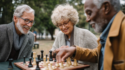 Senior citizens playing chess outdoors, enjoying social interaction