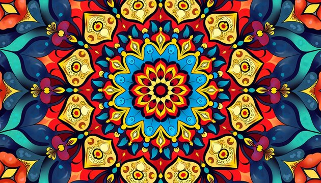 Vibrant mandala pattern for yoga mat design, meditation practice, and mindfulness. Colorful kaleidoscope art for International Yoga Day, World Mental Health Day decoration - Powered by Adobe