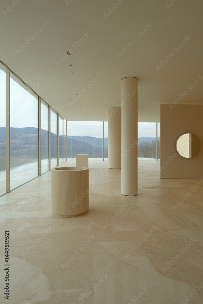Poster minimalist interior space with columns, large windows, and neutral tones in a modern design