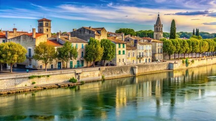 Old stone quays along Rh?ne River in Arles, with ancient buildings and cypress trees lined up , historic waterfront, mediterranean view