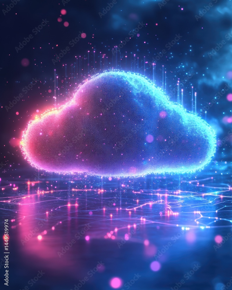 Fototapete Digital Cloud Computing Concept with Glowing Particles and Data Streams on a Dark Background