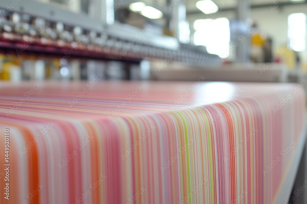Poster colorful textile production: close-up of automated machine and fabric with vibrant stripes