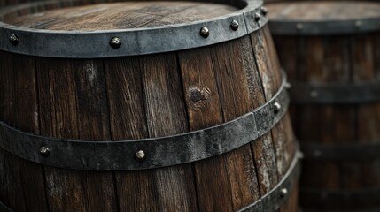 Fototapeta premium Weathered oak barrels with metal bands, stacked in a rustic winery, evoking the aged charm and history of the oak