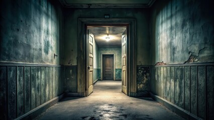 Abandoned doorway with an ominous dark corridor entrance, hallway, door,  hallway, door, shadows