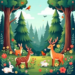 an image of a forest scene with animals and birds, there is a cartoon illustration of a forest with animals and birds