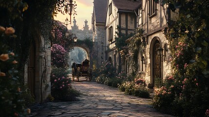 Obraz premium Horse Carriage on Cobblestone Street in European Village