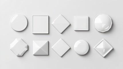 White blank pin badge mockup for promotion and advertising. Glossy brooch tag with of different shapes - round and square, hexagon and pentagon. 3d realistic vector set of empty merch template.