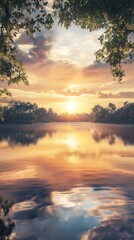 Calm sunset over lake, trees framing view, peaceful nature scene, ideal for travel brochure