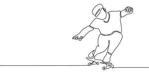 Single Line Art Skateboard Rider. Urban Sport Minimalist Vector Design.