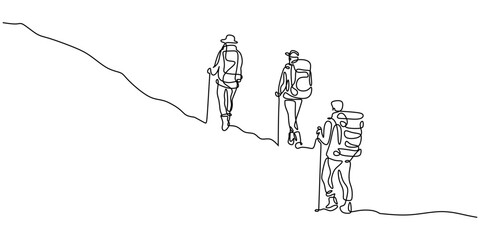 Single Line Art Three Hikers Backpacks Sticks. Mountain Adventure Minimalist Vector Art.
