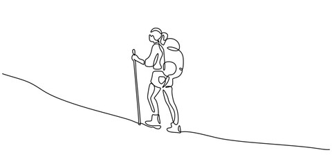 Continuous Line Art Woman Climbing Mountain. Backpack Hiking Stick Solo Trekking Minimal Vector.