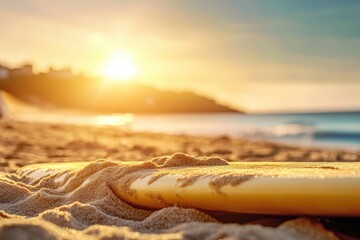 Sandy Beach Sunrise with Surfboard and Footprints in the Sand