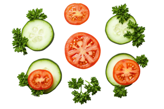 Veggie Medley on Black Sliced cucumber tomato  parsley dance in a minimalist culinary ballet