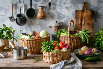 Fresh vegetables filling wicker baskets in rustic kitchen setting