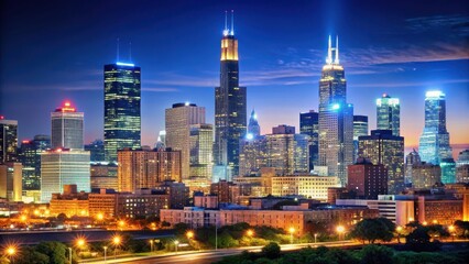 Fototapeta premium City Skyline at Night with Tower , American Midwest, Illinois, American Midwest, Illinois, downtown