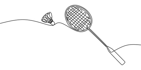 Single Line Drawing Shuttlecock Racket. Badminton Sports Minimalist Vector Art.