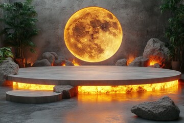 Concrete platform with moon backdrop, rocks, and tropical plants. It is great for product displays or themed website designs.