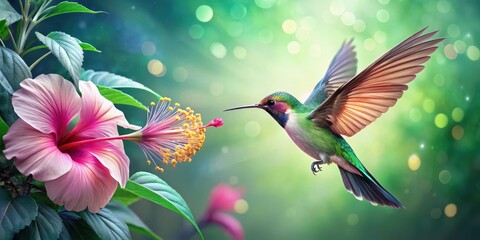 A delicate creature with iridescent feathers and intricate floral patterns adorns its petals, blending seamlessly into a lush green hibiscus flower stem, humingbird, exotic