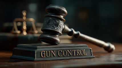Legal representation of gun control with a judges gavel and plaque