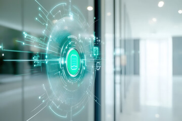 Futuristic Interface in Modern Hallway. A futuristic circular interface with a circuit board design glows in a modern, bright hallway.