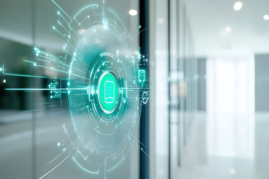 Futuristic Interface in Modern Hallway. A futuristic circular interface with a circuit board design glows in a modern, bright hallway.