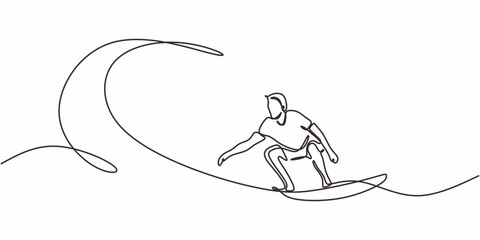 Continuous One Line Art Man Surfing Sea. Water Sport Minimal Vector Graphic.