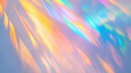 Holographic rainbow light refraction texture overlay with abstract soft bokeh effect on a white wall backdrop. Natural prismatic glow and shadows. Background with copy space. For design