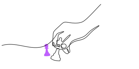 Obraz premium Single Line Art Hand Chess Move. Strategic Play Concept Minimalist Vector Graphic.