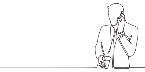 Single Line Art Man Suit Phone. Professional Conversation Vector Graphic.
