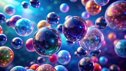 Colorful glass-like spheres suspended in mid-air surrounded by a soft blue-purple glow, resembling microscopic particles floating in space, glowing, purple