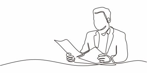 Single Line Art Businessman Reading Documents. Work Productivity Minimalist Vector Graphic. © berkahlineart